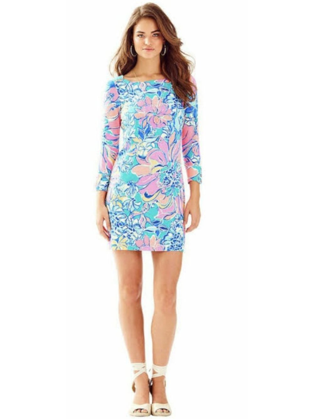 Lilly Pulitzer Sophie UPF 50+ Dress Small Floral Pink Turquoise 3/4 Sleeve